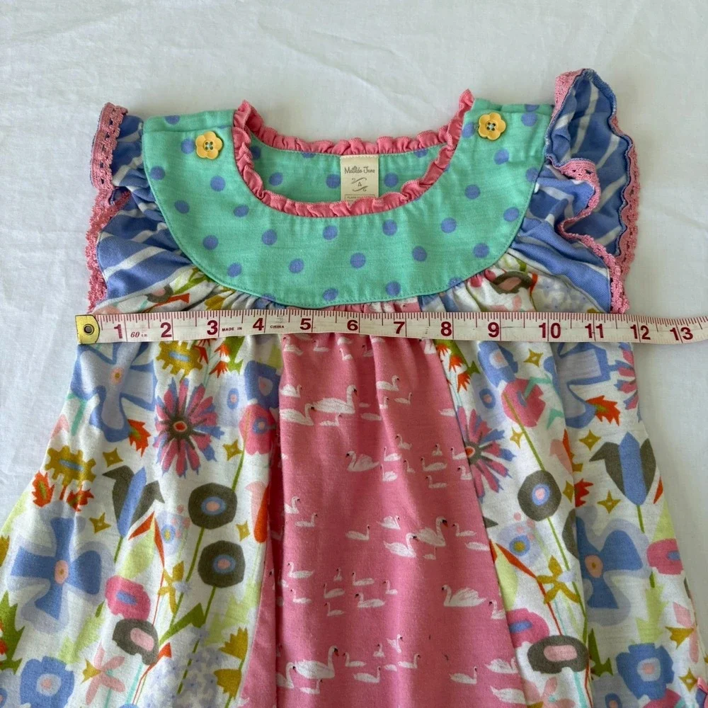 Matilda Jane Girls Multicolor Swan Print Floral Ruffle Tunic Top Size 4